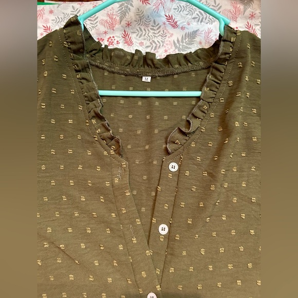 Amazon Olive Button V-Neck Blouse with Ruffle Sleeve Hem - Picture 5 of 12